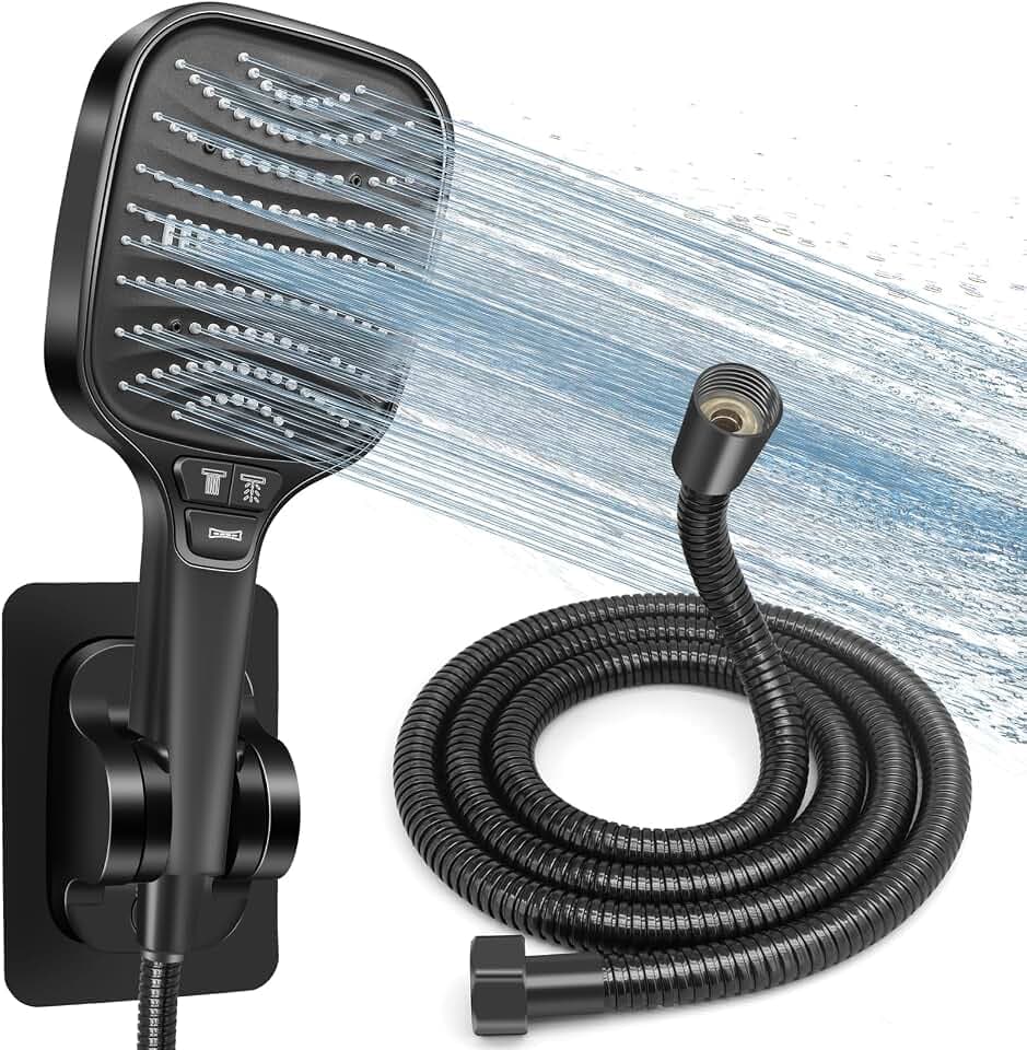 HNOOM Duschkopf Set mit 1,5m Schlauch & Halterung – XXL Hochdruck Regenduschkopf (120mm), 8 Strahlarten, Wassersparende Brausekopf Dusche, Universal für Bad/Dusche (Schwarz)