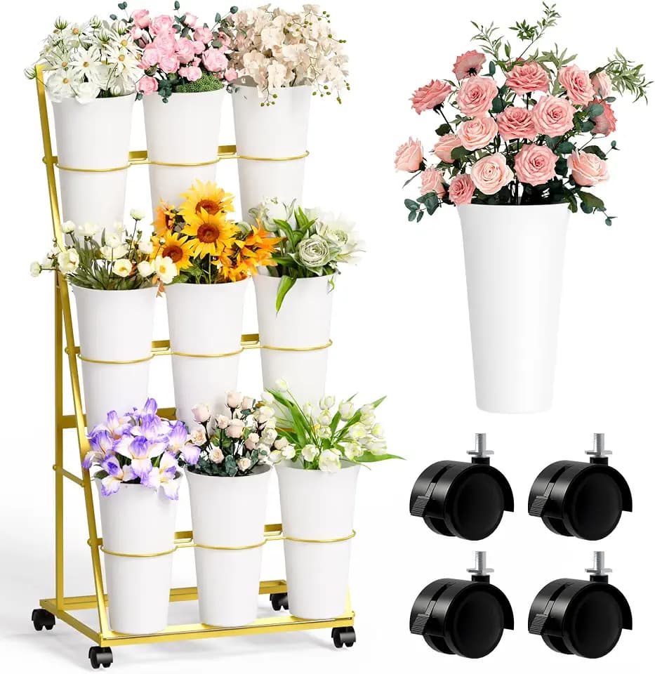 Invech Flower Display Stand with 9 Buckets, 3 Tier Flower Cart Display Stand and Wheels for Indoor Outdoor Garden, Wedding, Flower Shop (Gold)