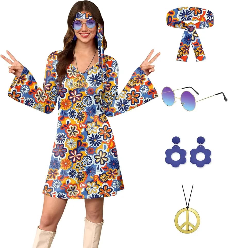 For G and PL Women's 5 Pcs Halloween 70s Hippie Dress Floral Costume Outfit with Sunglasses Headband