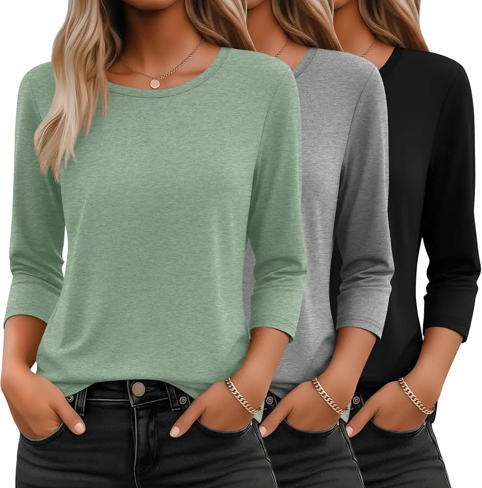 Ficerd 3 Pack 3/4 Sleeve Tops for Women Basics Crewneck T Shirts