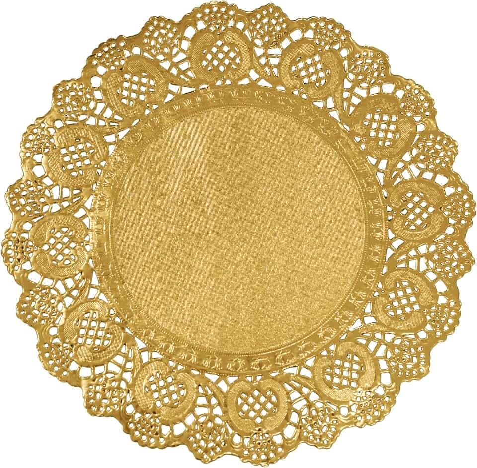 Phantomon 100 Pcs 12 Inch Gold Lace Paper Doilies – Disposable Gold Foil Placemats for Cakes, Dessert Display, Dining Table, Weddings, Birthday Parties (Gold, 12 Inch)