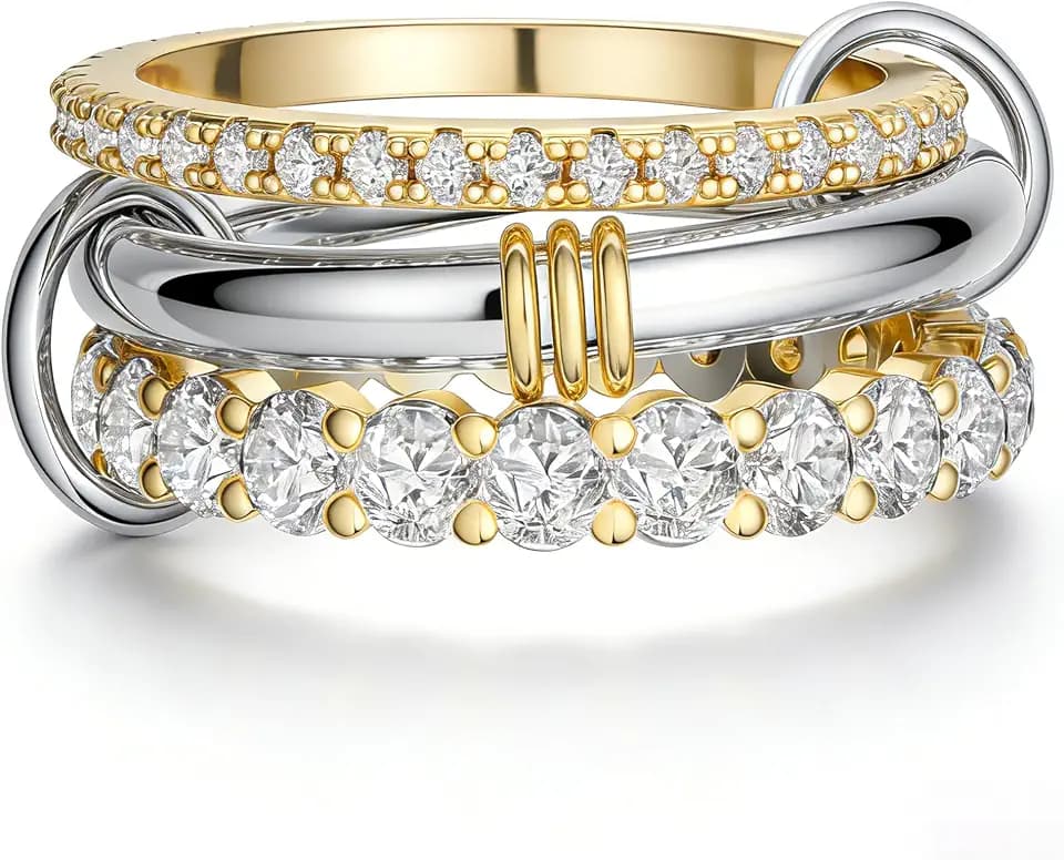 Stackable Rings for Women Non Tarnish, 14K Gold/Silver Plated Cubiz Zirconia Ring Dainty Chunky Gold Plated Rings Multi Ring Mixed Metal Stacking Rings Set Gold Jewelry for Women Gifts