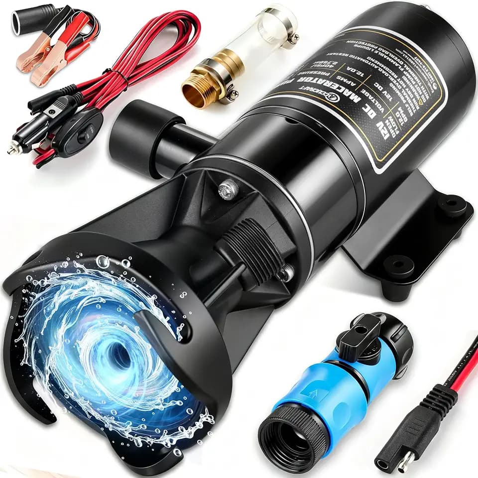 RV Macerator Pump 12V, 12 GPM Portable RV Sewer Pump with 10 FT Lift, Self-Priming Waste Transfer Pump with Anti-Clog Blades, Quick-Release Flush Valve, Fits Standard 3" RV Outlet