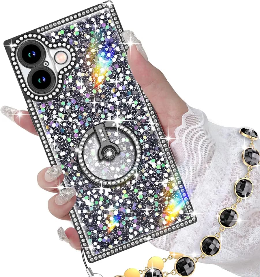 Miss Arts for iPhone 17 Case with Ring Stand, Glitter Sparkle Phone Case for Women Girls, Rhinestone Luxury tective Cover for iPhone 17 6.3", Black