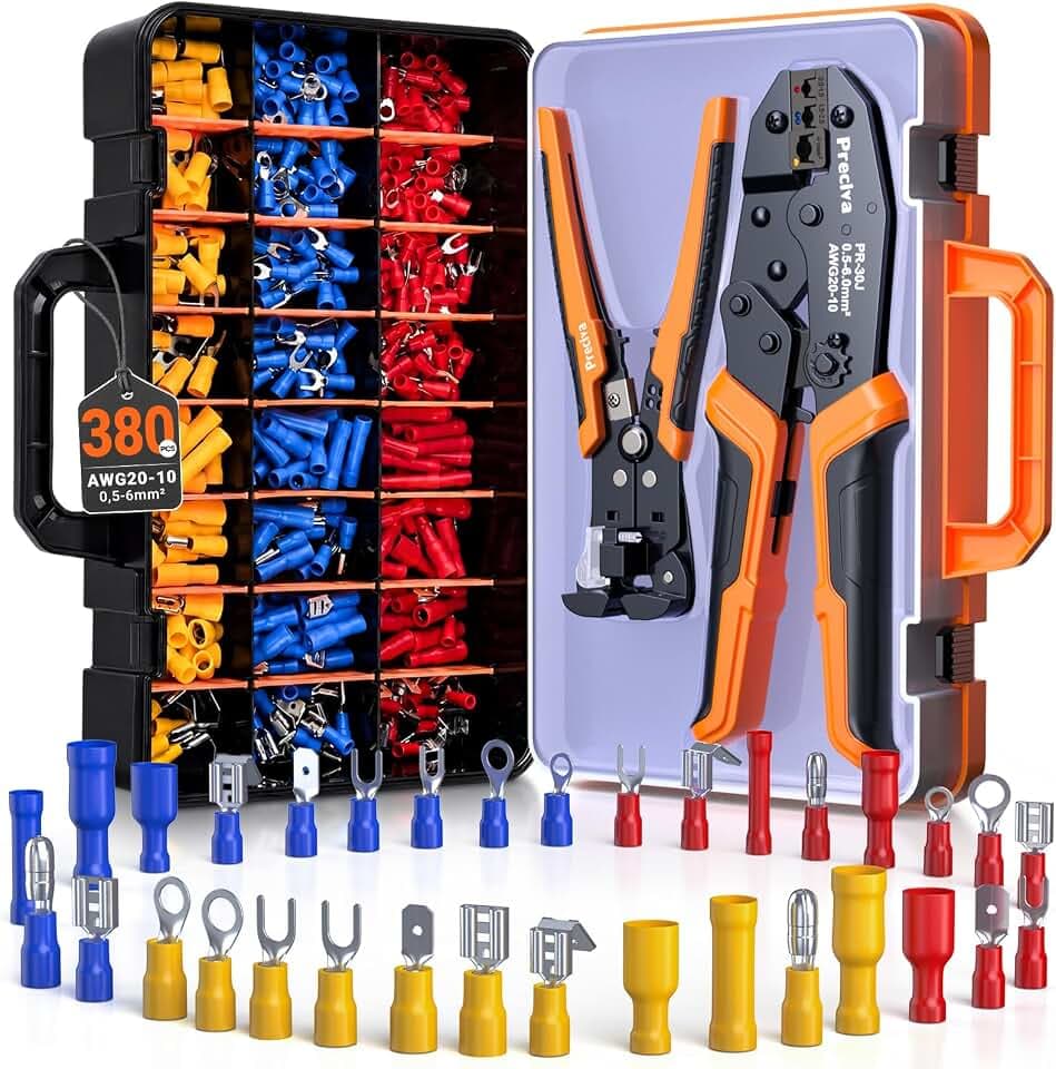 Preciva Crimpzange Set, mit 380 Stück Kabelschuhe und Abisolierzange, Ratschen Crimpzange für Kabelschuhe 0,5–6 mm² (AWG 20–10), für KFZ, Maschinenbau, Hausreparatur und Elektroinstallation