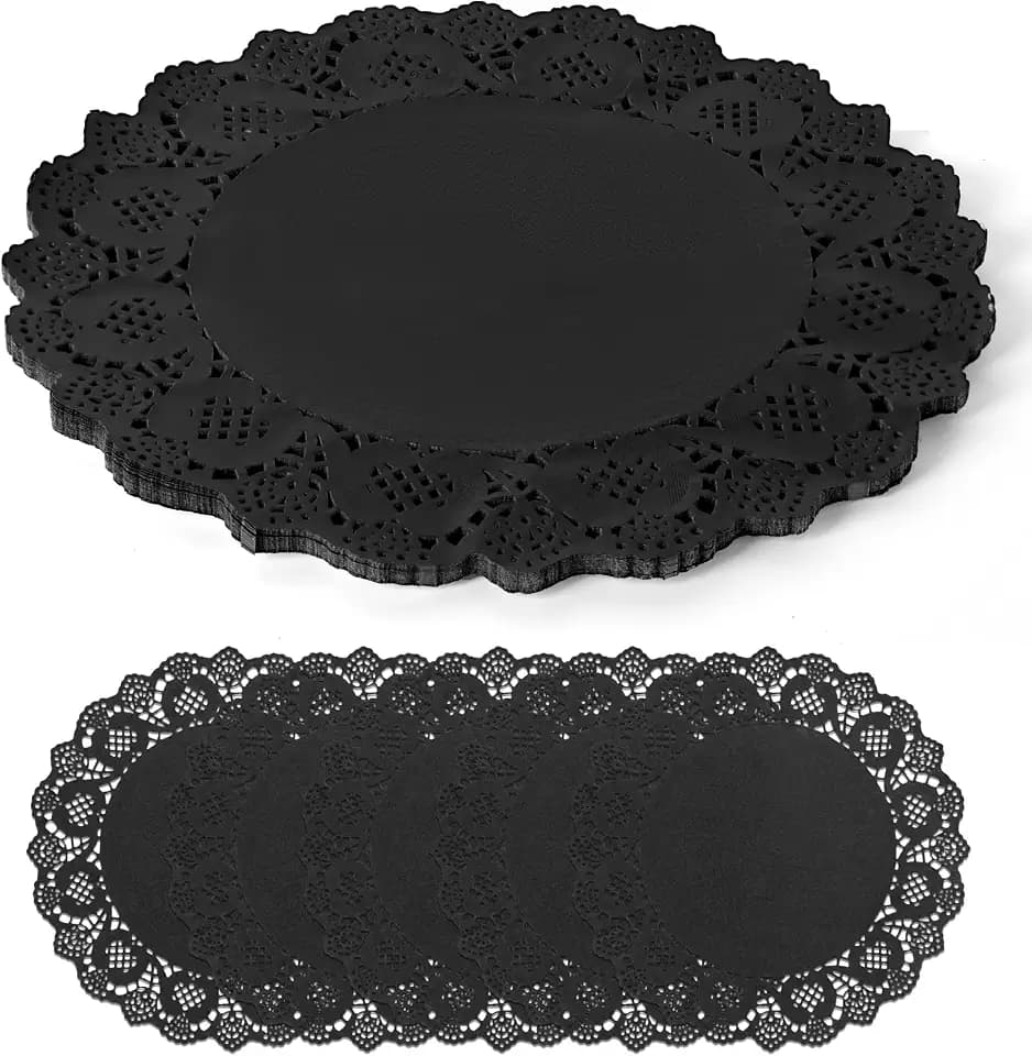100 Pack 13.5 Inch Round Black Paper Doilies, Disposable Lace Placemat