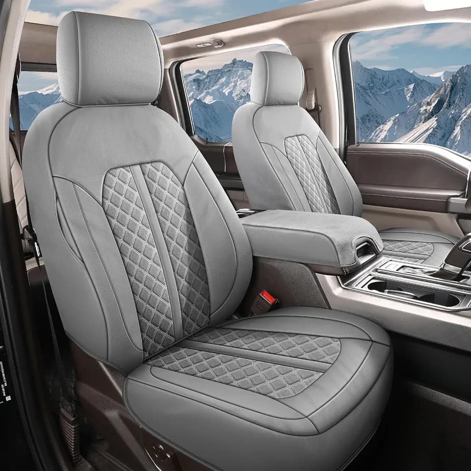Tecoom Leather Car Seat Covers Front Set Fit for 2007-2024 Chevy Silverado 1500 GMC Sierra 1500, 2015-2024 2500HD 3500HD Double Crew Extended Cab, Waterproof Truck Vehicle Seat Protector Cushion, Grey