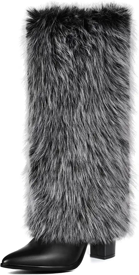 Knee High Fur Heel Boots Furry Pointed Toe Winter Snow Boots with Side Zip