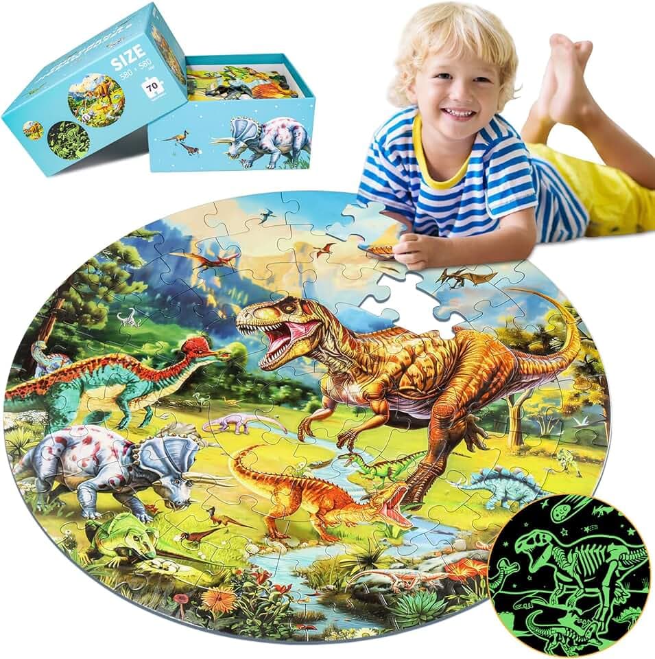 DIGOBAY 70PCS Glow in The Dark Dinosaur Floor Puzzles for Kids Ages 4-8