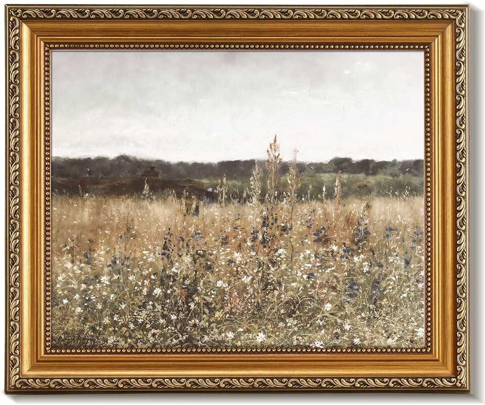 uniro Vintage Gold Framed Wall Art for Home Decor, Farmhouse Wall Decor Wildflower Field Landscape Canvas Artwork, Antique Landscape Oil Painting for Bedroom Wall Decor, Rustic Country Aesthetic Picture for Bathroom, Living Room, Desktop Decor - 8x10Inch