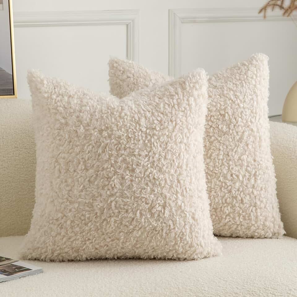 Pack of 2 Curly Teddy Wool Faux Fur Throw Pillow Covers Fuzzy Accent Soft Sherpa Pillowcases Sheepskin Fleece Decorative Cushion Case for Sofa Couch Living Room 18x18 Inch Neutral Light Beige