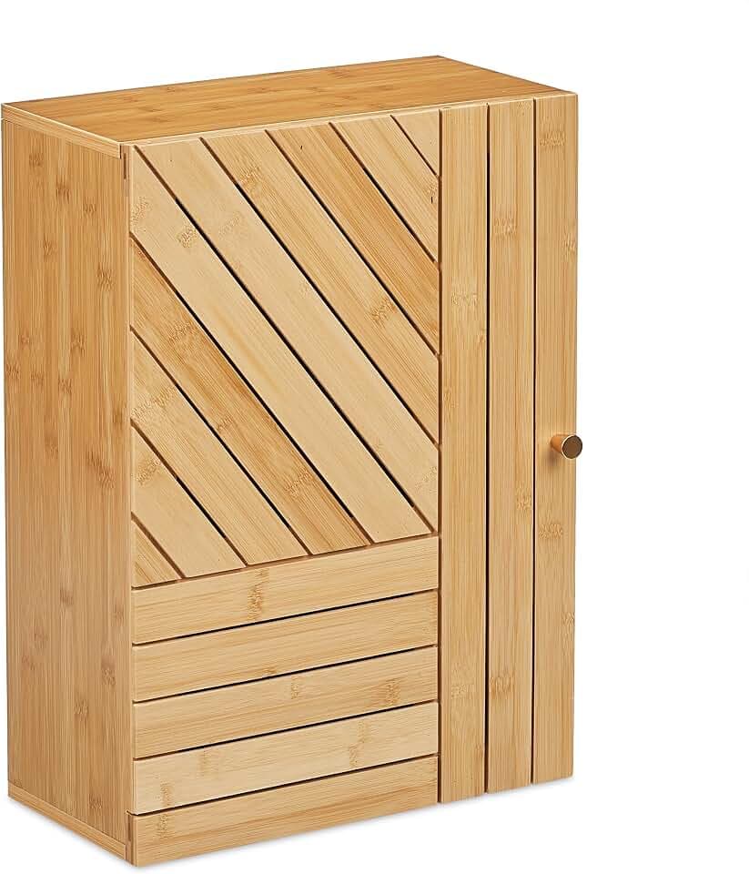 Relaxdays Hängeschrank Bad, Bambus, verstellbare Ablage, variabel montierbare Tür, 55 x 40 x 20 cm, Wandschrank, Natur