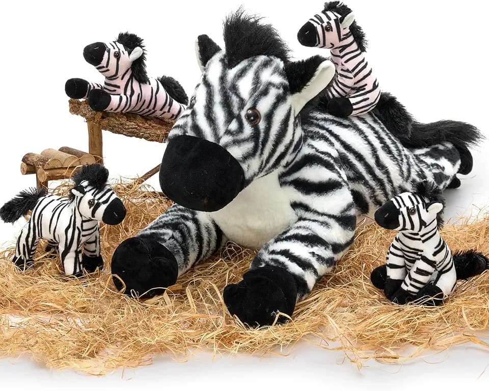 Tezituor 5pcs Wildlife Zebra Stuffed Animals Set, 25 inch Realistic Stuffed Zebra with Babies for Boys Girls, Large Pinto Plushies Pillow Toy for Brithday Gift Decoration