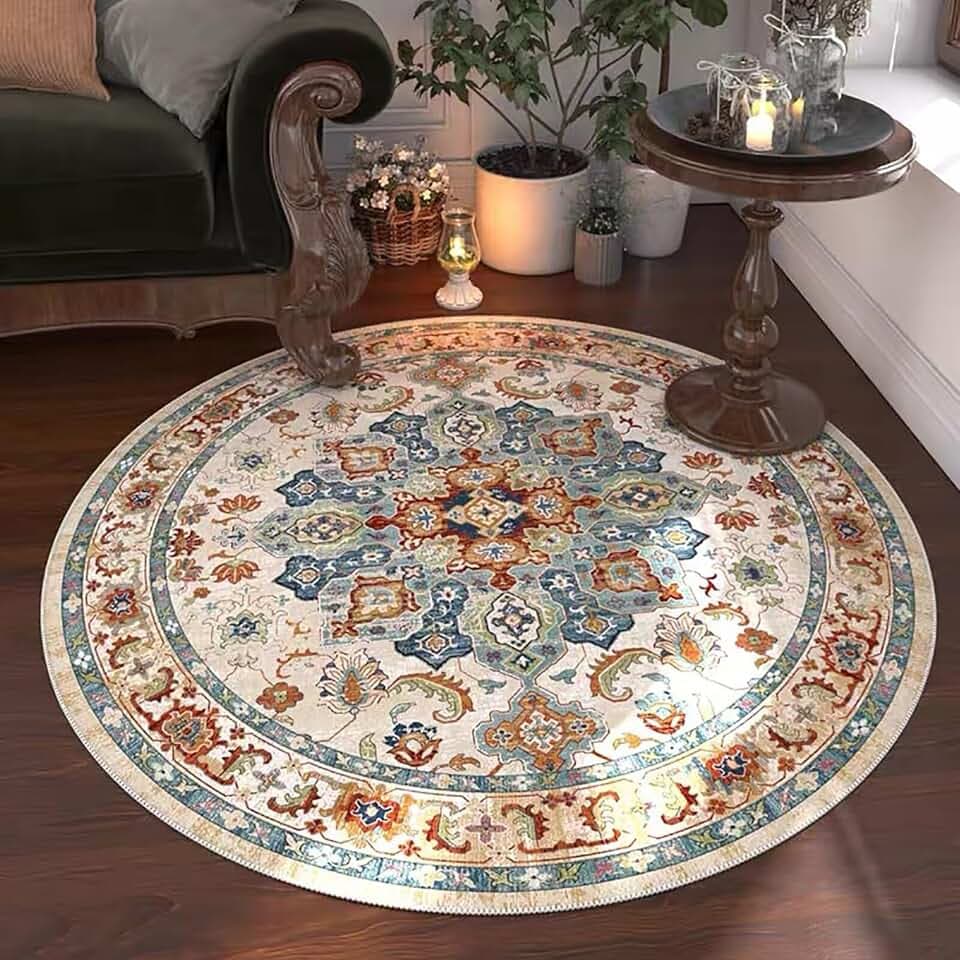Tospass Vintage Boho Rund Teppich Waschbarer Wohnzimmer Orientalischer Stil Sofa Teppich Kurzflor Couchtischmatte, Bunter Muster Rutschfester Carpet für Schlafzimmer. 100 cm