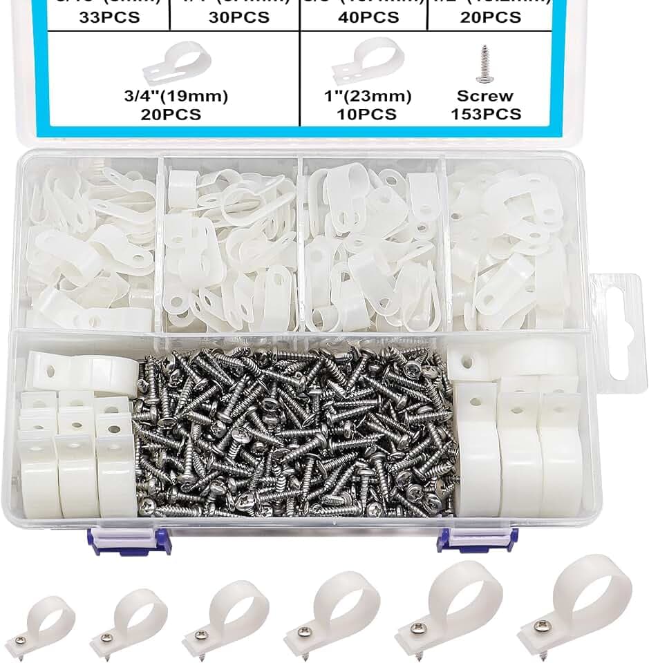 TWTADE 306PCS White Cable Clamps Assortment Kit, Nylon Plastic R-Type 6 Sizes 3/16'' 1/4'' 3/8'' 1/2'' 3/4'' 1'' Cable Mounting Wire Clips Fastener with Screws for Wire Management