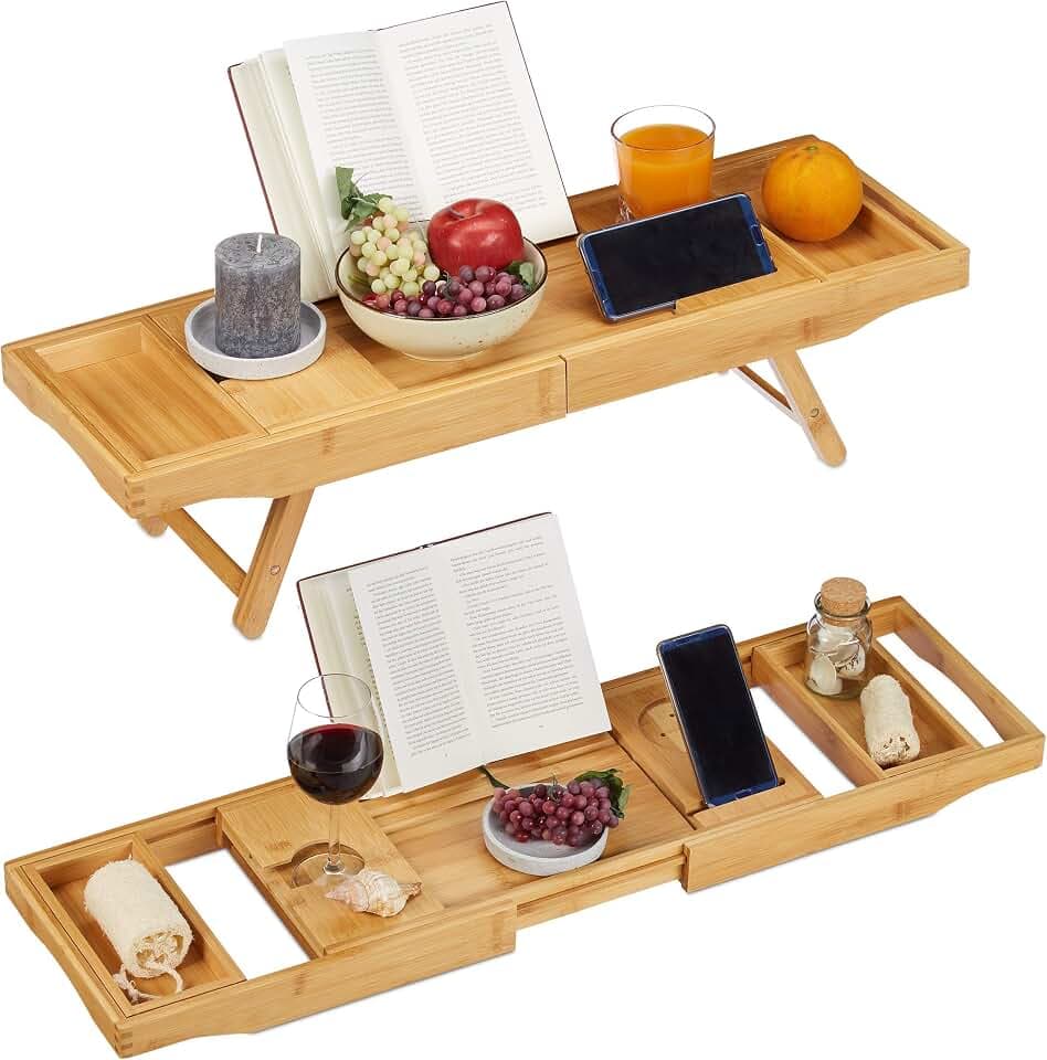 Relaxdays Bambus Badewannenablage & Tablett 2in1, Buchstütze, Natur