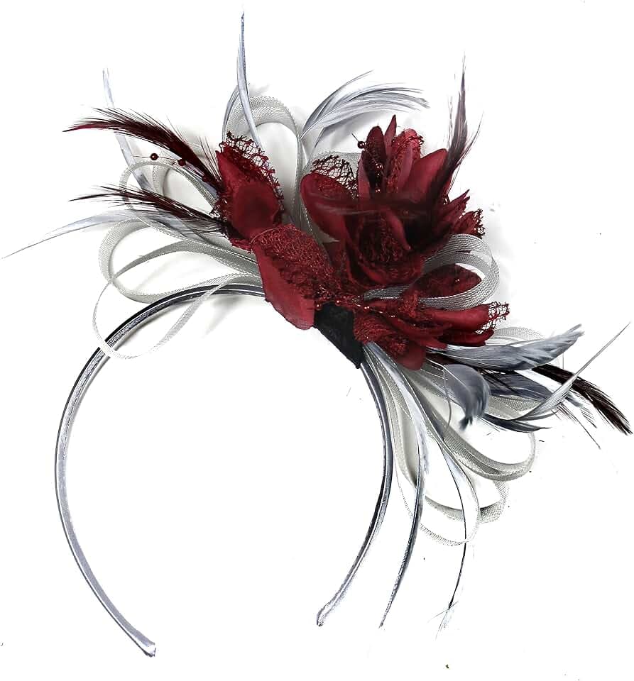 Fascinator-Haarband, mit Federn, silbergrau und weinrot, Haarreifen, Stil der königlichen Hochzeiten