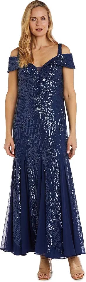 R&M Richards Women's Beaded Gown - Off the Shoulder Portrait Neckline Formal Evening Dress W/Cap Sleeves