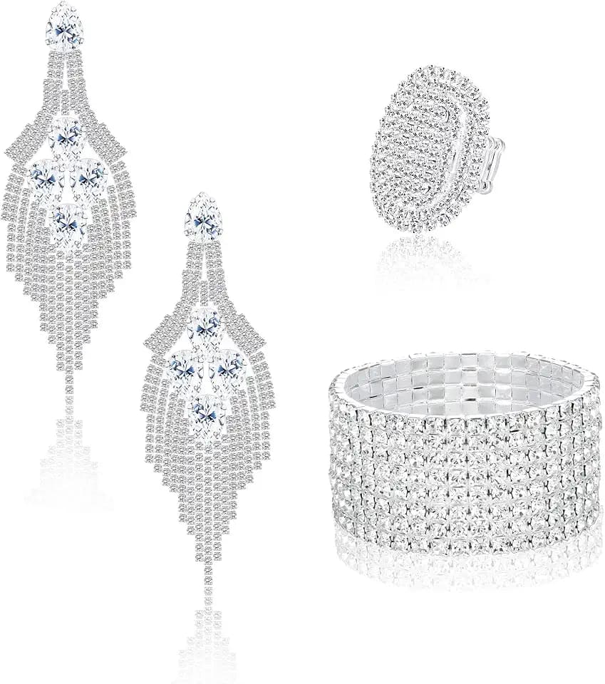 Sllaiss Rhinestone Bridal Jewelry Set for Women Earrings Bracelet Ring