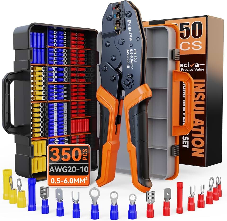 Preciva Crimpzange Set, Kabelschuhzange mit Ratschenmechanik + 350 farbcodierte Kabelverbinder (0,5-6mm²) – Komplettset für Auto, Elektroinstallation & Heimwerker