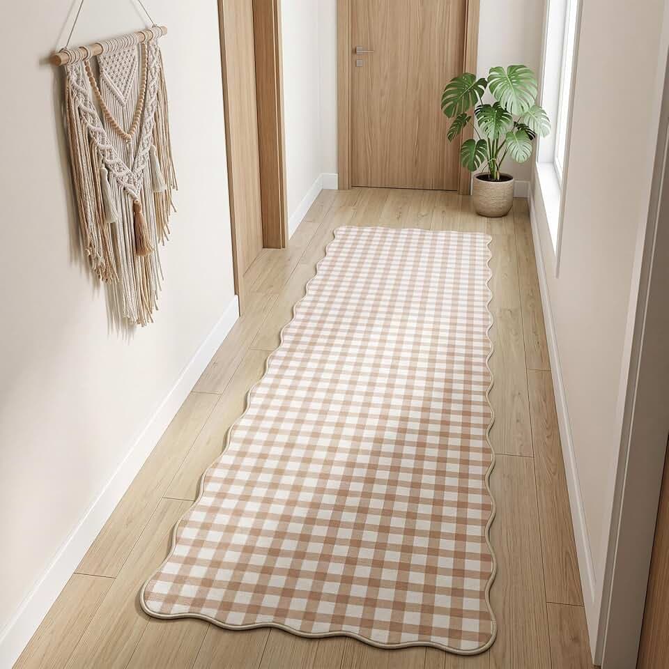 2 x 6 ft Scalloped Gingham Kitchen Rug, Khaki Plaid Hallway Runner Rug