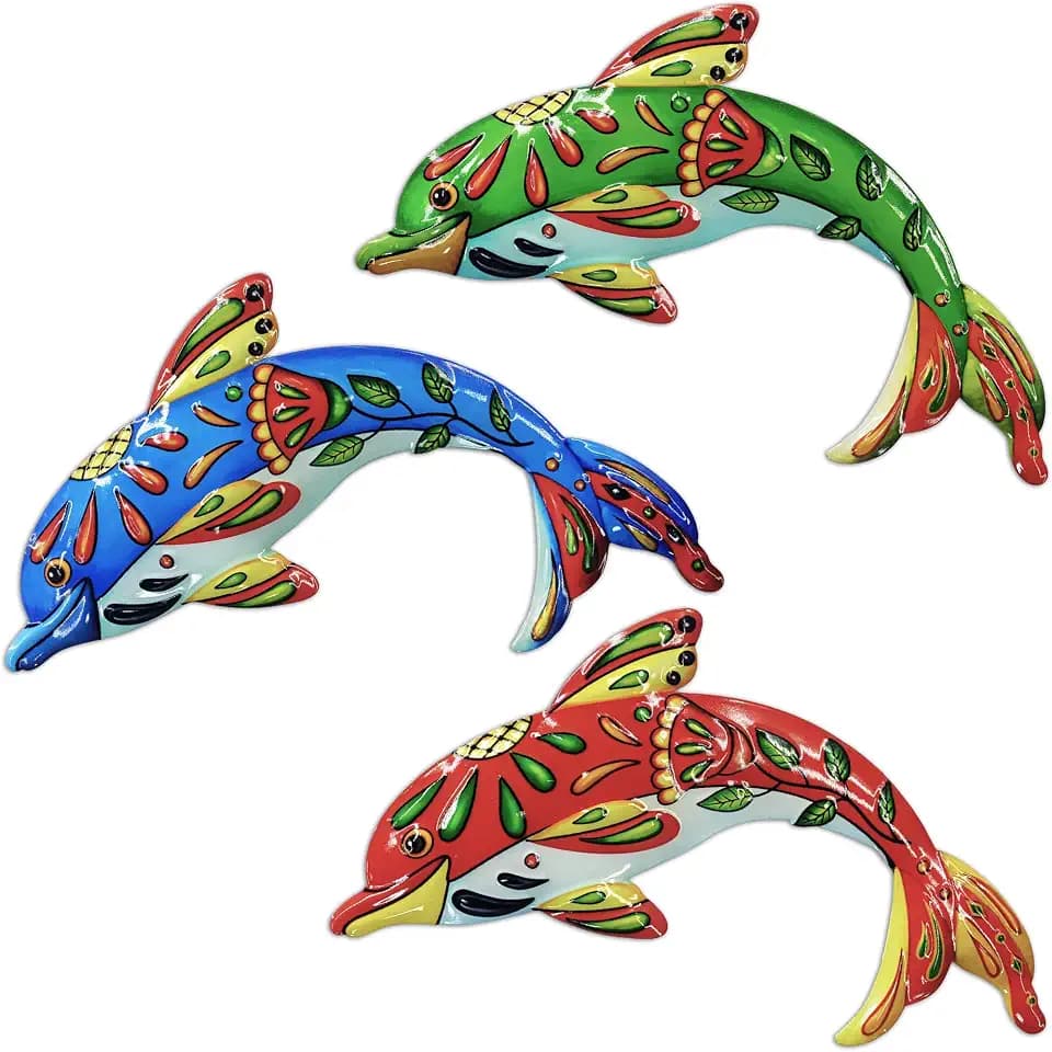 Dolphin Wall Decor Outdoor Metal Fish Sea Hanging Art Sculptures Home Ocean Theme Decorations for Living Room, Bedroom, Yard, Fence and Patio - 3 PCS