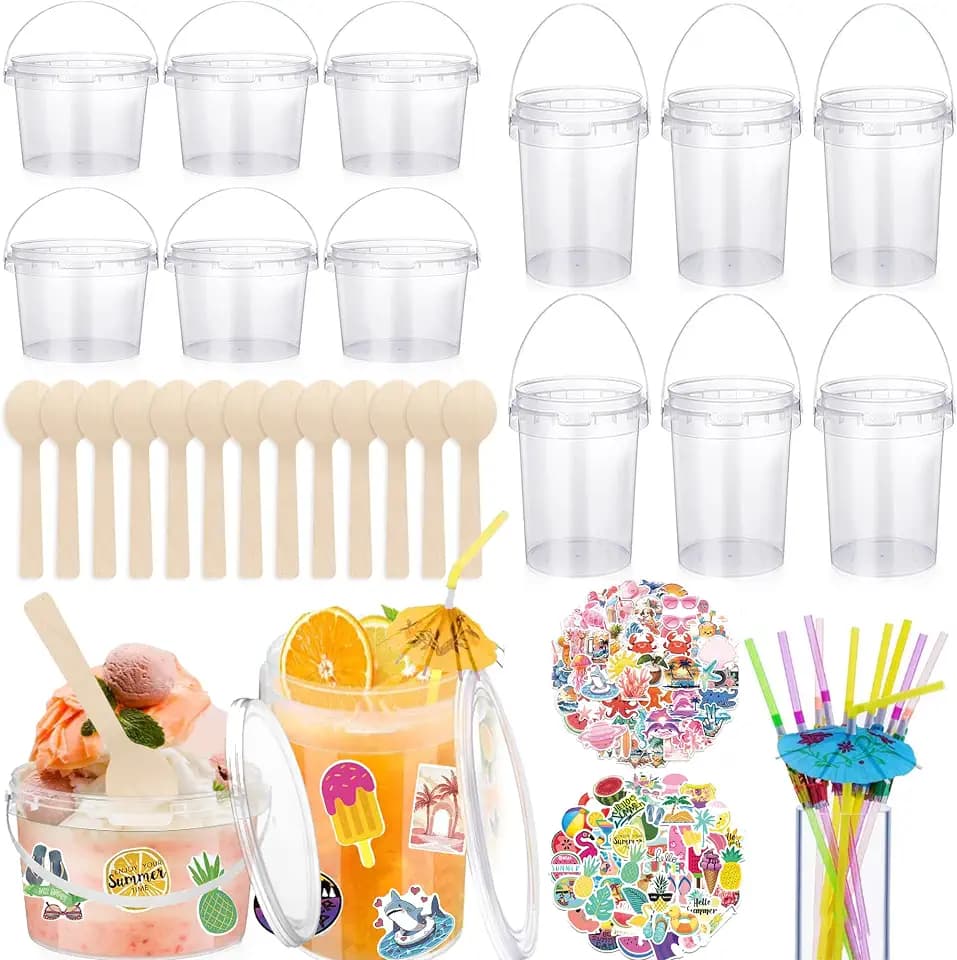 Plastic Drink Buckets Cocktail Buckets with Lids and Straws for Parties