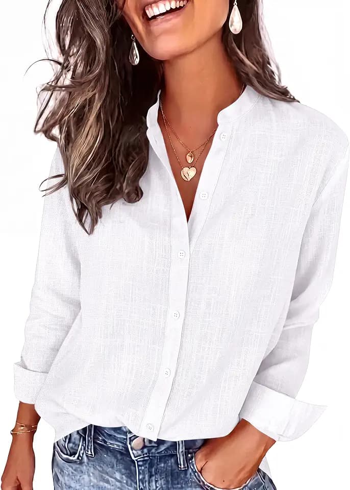 Women's Mandarin Collar Button-Down Shirts Casual Cotton Long Sleeve Blouses