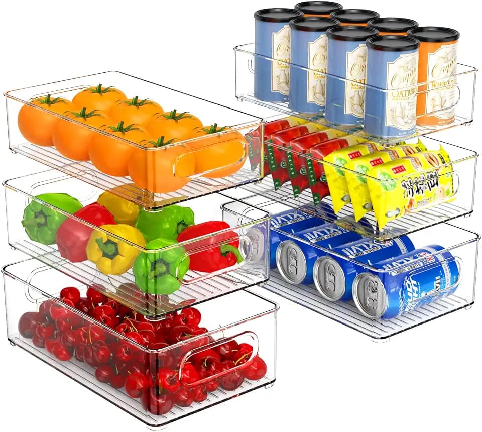 Stapelbare Kühlschrank Organizer 6er Set, Kitchen Organizer Schublade Küche Aufbewahrung & Organisation Organizer Kühlschrank Fridge Organizer für Badezimmer, Speisekammer- 3 Size, BPA Frei