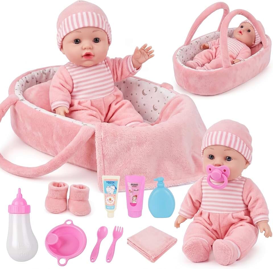 SMILESSKIDDO Baby Doll Playset with Thicken Ultra Soft Carrier Bassinet Toy