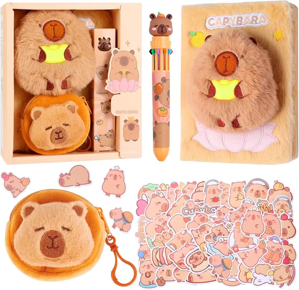 LiYiQ Capybara Diary Gift Journal Travel Notebook for Writing, Capybara Secret Diary Journal Notebook with Plush Purse Multicolored Pen and Sticker Practical Gift for Birthday, Christmas