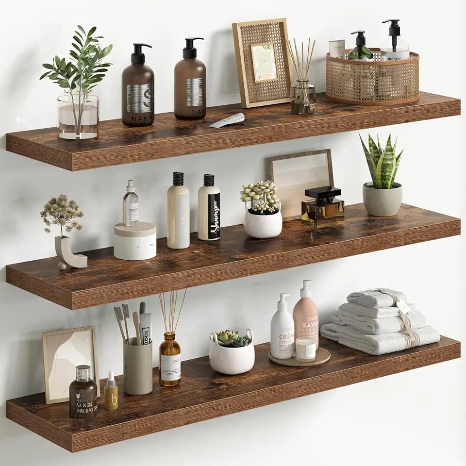 Fun Memories Floating Shelves for Wall 40 Inch Set of 3, Farmhouse Floating Shelves with Invisible Heavy Duty Bracket, 10 Inch Deep Bathroom Shelves for Storage, Living Room, Kitchen, Decor, Brown