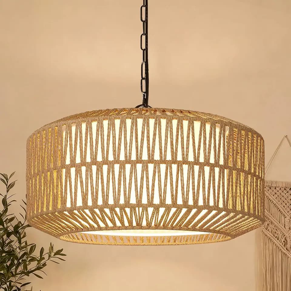 19" Rattan Chandelier for Dining Room, Boho Dining Room Light Fixture
