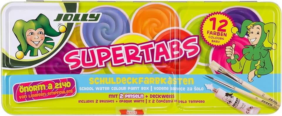 Jolly Supertabs | Deckfarbkasten, Farbkasten | 12 Farben inkl. zwei Pinsel und Deckweiß im Metalletui