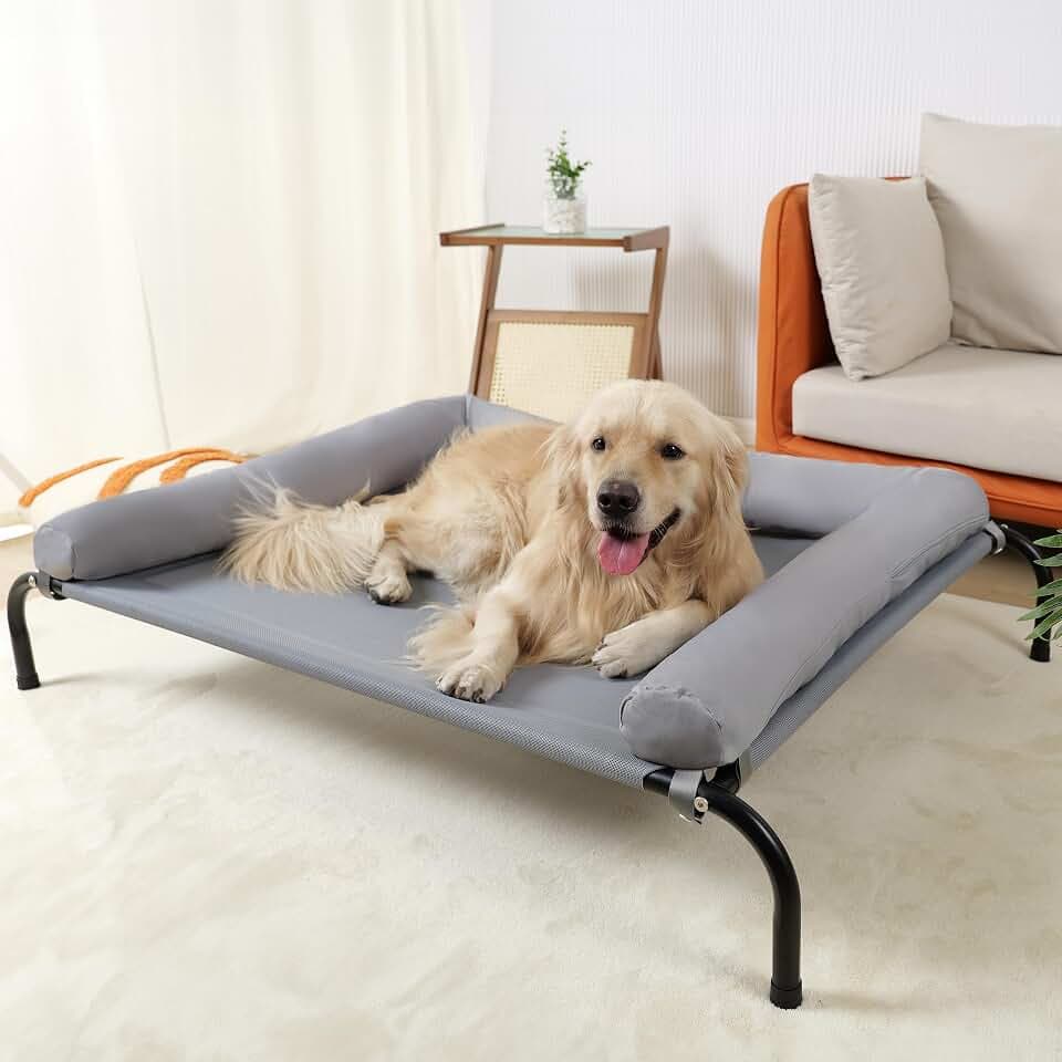 TJSOULER Kühlendes erhöhtes Hundebett mit Kissen, tragbar, waschbar, erhöhtes Hundebett mit kaufestem Netz und Metallrahmen, rutschfeste Gummifüße für den Innen- und Außenbereich, groß, Grau