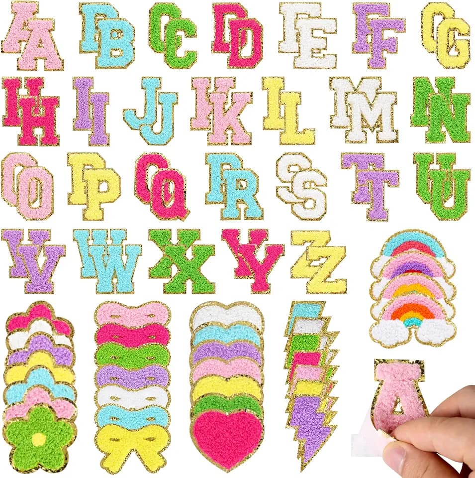 84 Pcs Self-Adhesive Preppy Chenille Patches Include 52 Pcs Multi-Colors Letter Patches,22 Rainbow Heart Chenille Embroidered Initial Patch Applique for DIY Clothing Bags Hats