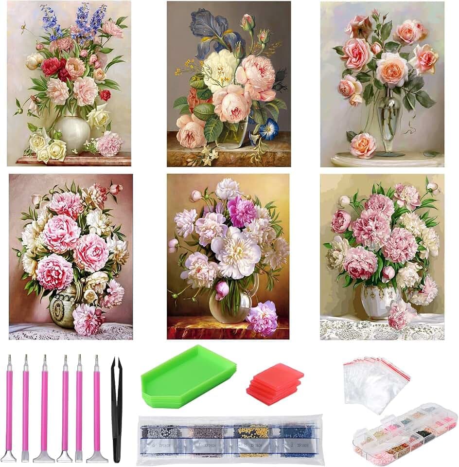 HonGien Diamant Malerei Kits, Diamond Painting Set, 6 Stück Diamant Painting Bilder für Kinder und Erwachsene für Home Wall Decoration 30x40cm/12x16 (Blumen)