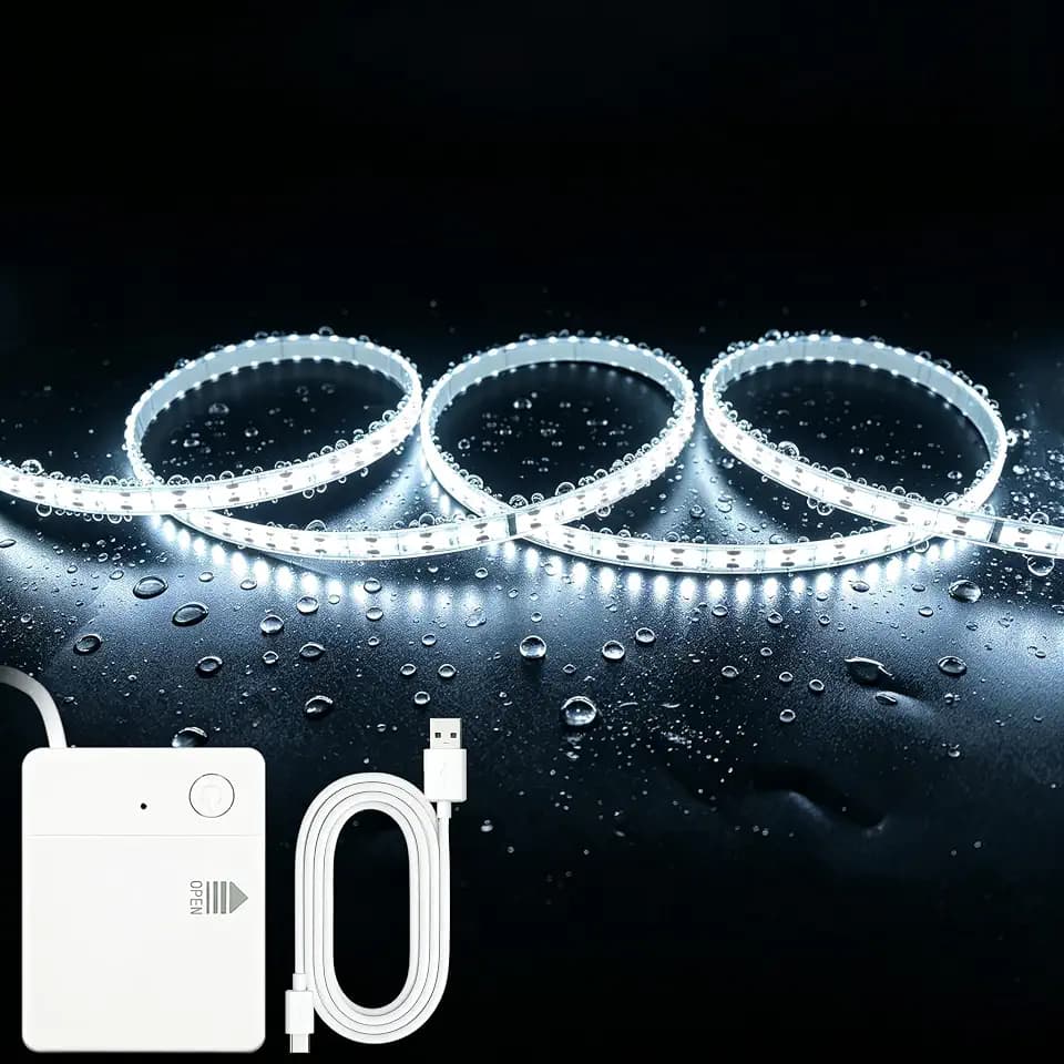 Waterproof LED Strip Lights Battery Operated, Battery Powered + Type‑C Dual Power 3.3ft High‑Brightness 6000K Cold White Cuttable Flexible for Under Cabinet/TV Backlight/Closet/Dorm/Camping