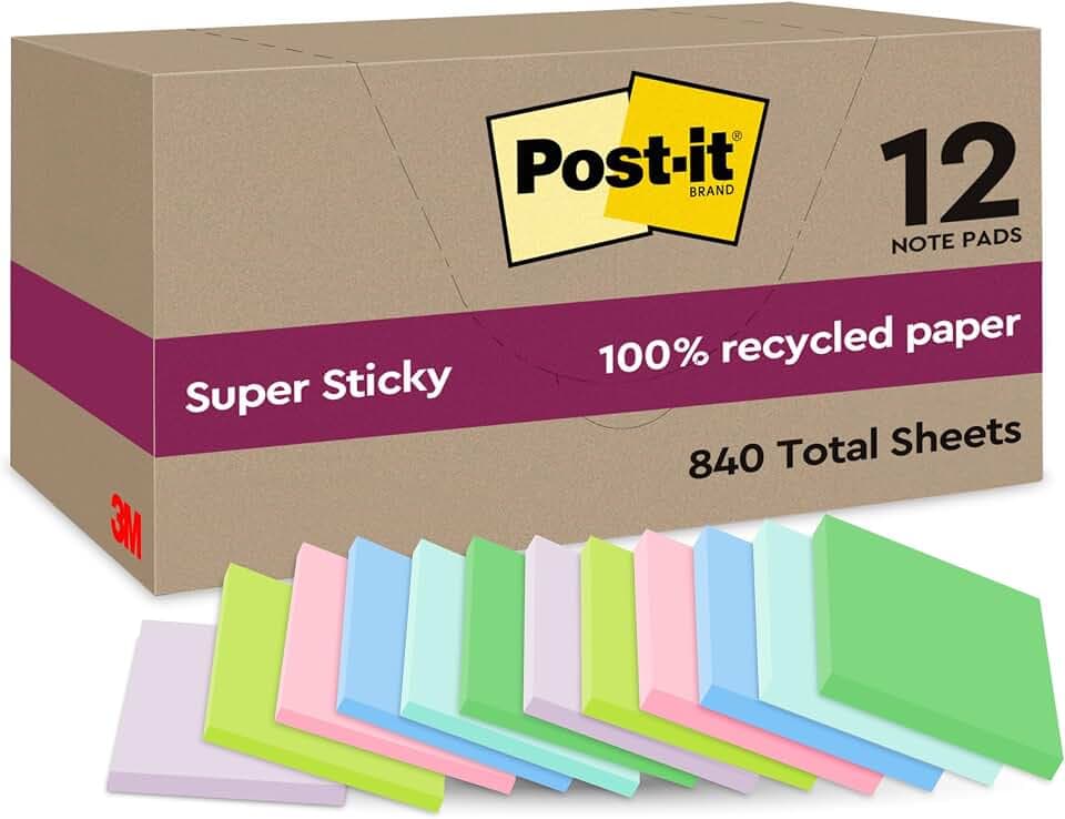 Post-it Super Sticky Recycling-Notes, 12 Blöcke (840 Blatt), 47,6 x 47,6 mm | Selbstklebende Haftnotizen mit Stärkerer Haftung, Klebezettel für Bürobedarf, Erinnerungen & To-Do-Listen; Repositionierbar