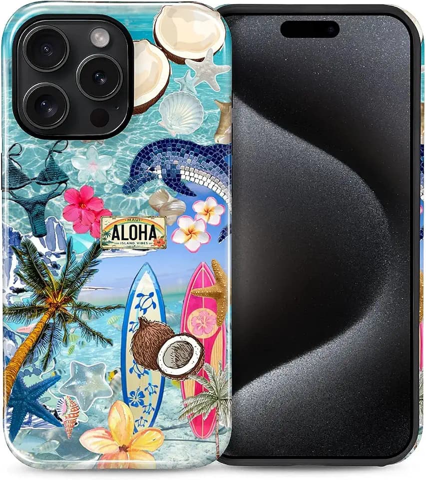 Case for iPhone 16 Pro Max, Hybrid Heavy Duty 2 in 1 Full Body Rugged Shockproof Protection Glossy Case for iPhone 16 Pro Max - Coconut Ocean Inspired Style
