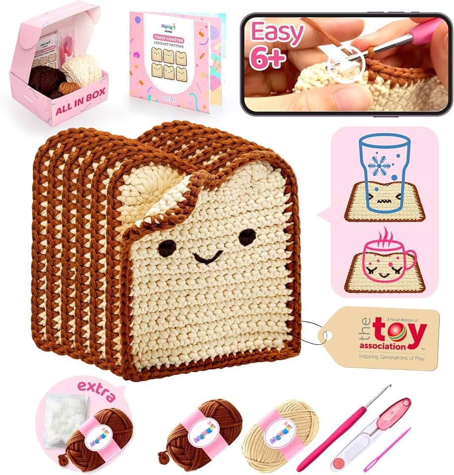Mewaii Crochet Kit for Beginners, 6 Pack Toast Coaster Craft Set