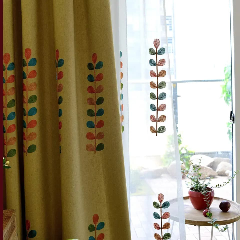 VOGOL Leaf Embroidered Linen Textured Curtains, 60 x 106, 2 Panels