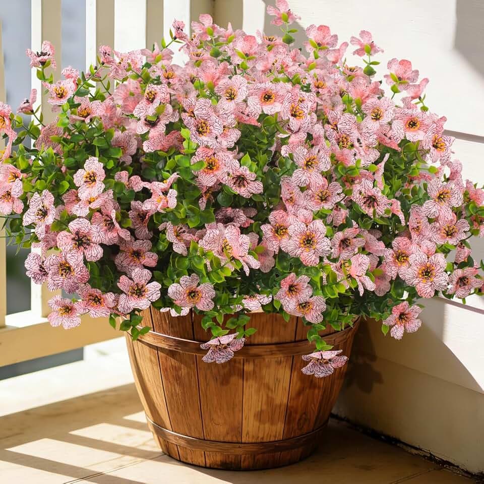 Grunyia 20 Bundles Artificial Flowers for Outdoors, UV Resistant Fake Plants Flowers Greenery Shrubs Plants for Decoration Outside Plants Hanging Planter Home Garden Decor (Pink)