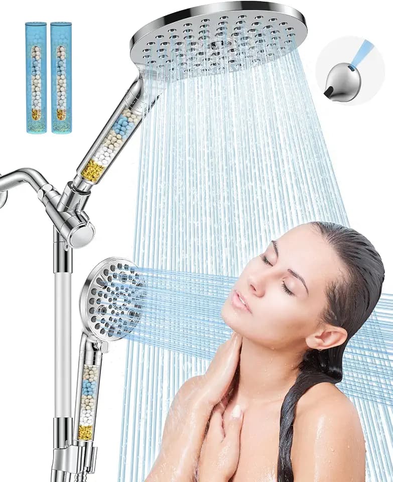 HOPOPRO 21-Setting Dual Filtered Handheld Shower Head Combo, Modern Chrome