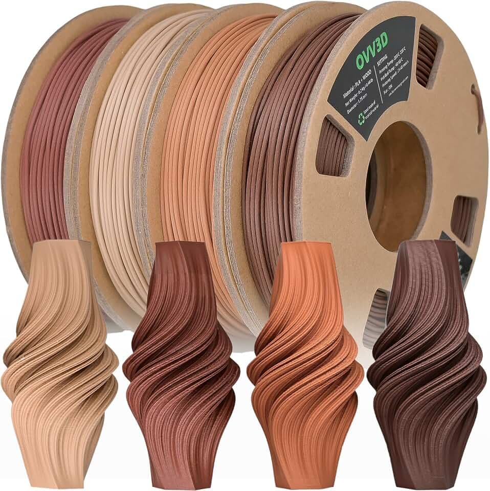 OVV3D PLA Filament 1.75 mm Bundle Holz, enthält über 30% echte Holzfasern, 3D Drucker Filament Wood PLA, Filament-3D-Druckmaterialien, 4 Pack X 200g