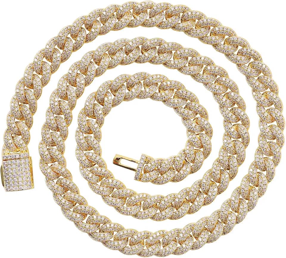 LuxeFlex Prong Cuban Link Chain for Men and Women, 14K Gold/White Gold Plated, 5A Zircon Iced Out Cuban Link Necklace, Diamond CZ Rapper Miami Hip Hop Jewelry