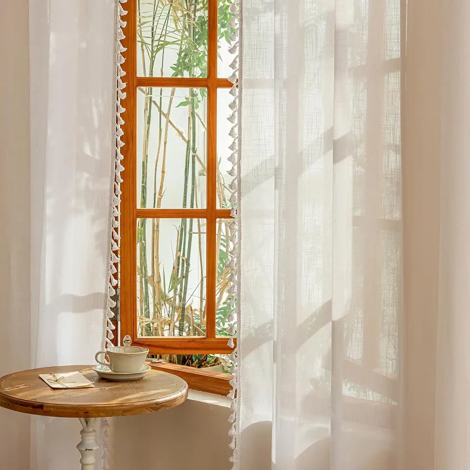 MYSKY HOME Semi Sheer Light Filtering White Bohemian Curtains for Sliding Door 96 Inches Long，Back Tab Ceiling Curtains with Tassel for Living Room Bedroom, 50" x 96"，Pure White，2 Pieces