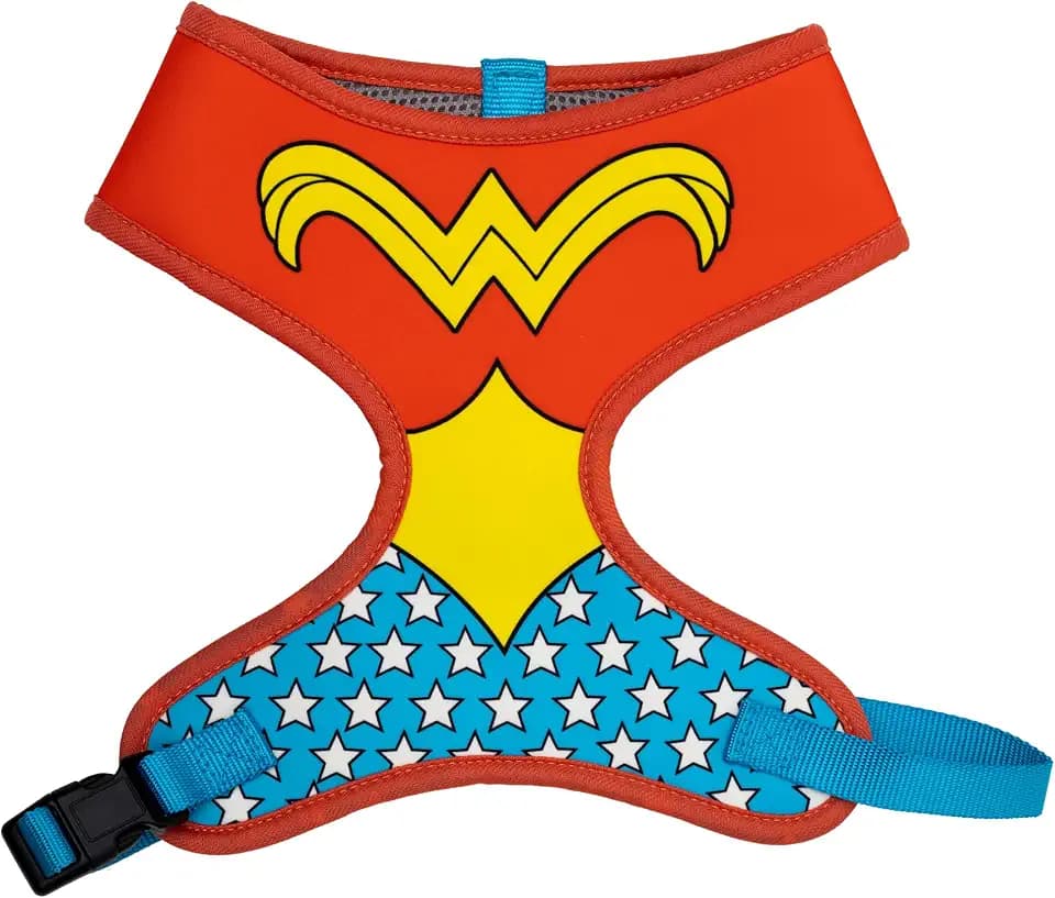 DC Comics Pet Harness, Dog Collar Plastic Buckle, Wonder Woman Character Close Up Bodice Blue Red