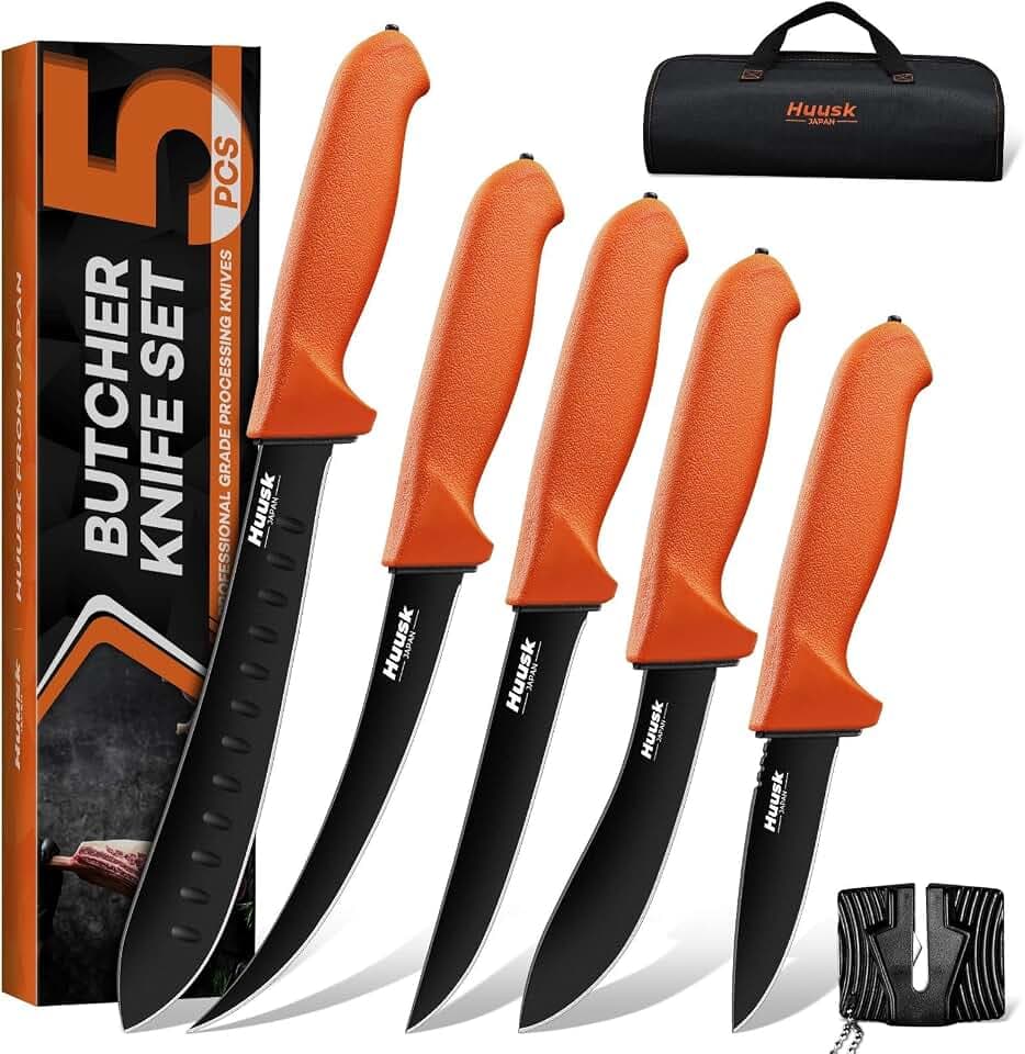 Huusk Butcher Knife Set - Meat Processing Kit with Roll Bag, Gift for Men