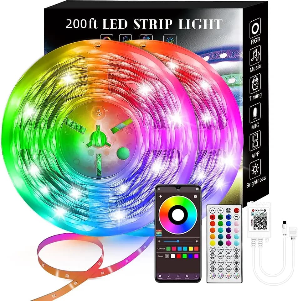 200FT Outdoor led Strip Lights Waterproof IP67 led Lights Smart Phone Control, Sync to Music with 44 Key Remote Controller LED Lights for Bedroom,Christmas Lights decration (Multi-Colored,200FT)
